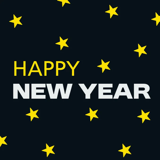 Black background with yellow stars in the background. Text reads Happy New Year