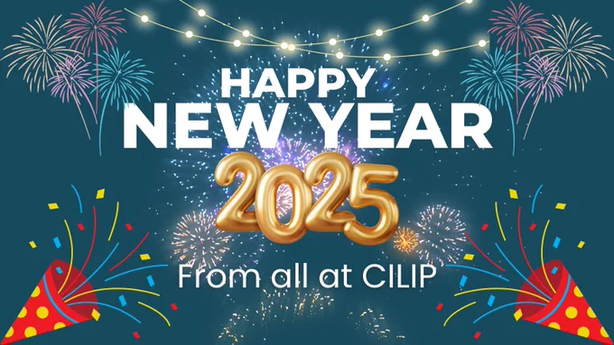Graphic of fireworks and 2025 displayed as balloons. Copy reads y Happy New Year from all at CILIP