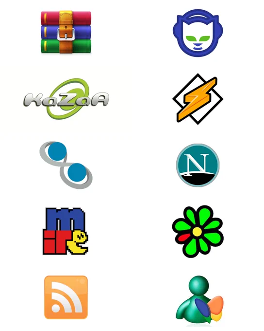 Winrar, Napster, Kazaa, Winamp, Trillian, Netscape, Mirc, ICQ, RSS, MSN Messenger 
