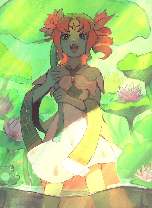 An illustration of a cheerful character with red/pink hair standing in a pond filled with large green lily pads and pink lotus flowers, with water to her knees. The character wears an elegant pink outfit and holds a lily pad like an umbrella, there is a small frog visible in the corner (very important) 