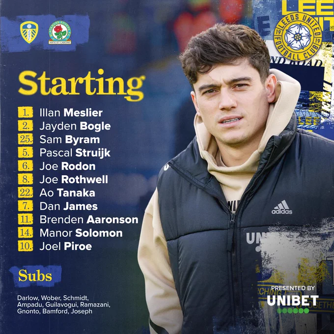 Leeds United Starting XI: Meslier, Bogle, Byram, Struijk, Rodon, Rothwell, Tanaka, James, Aaronson, Solomon, Piroe
