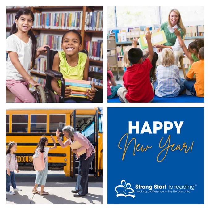 Happy New Year graphic featuring three photos of young children.