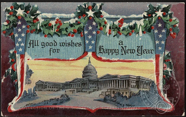A postcard of the Capitol reading "All good wishes for a Happy New Year"