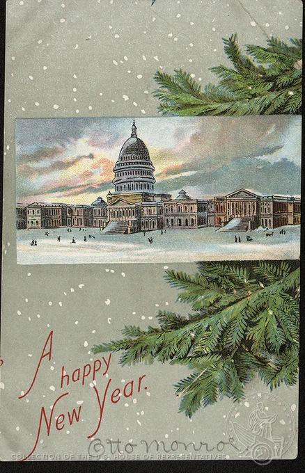 The Capitol on a snowy background. The card reads "A Happy New Year"