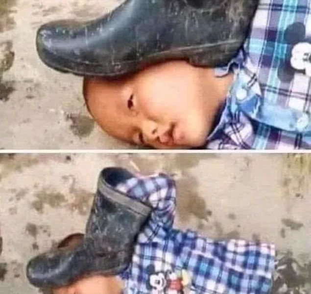 Meme of kid with boot on head. Second pic shows the kid is the one putting the boot there.