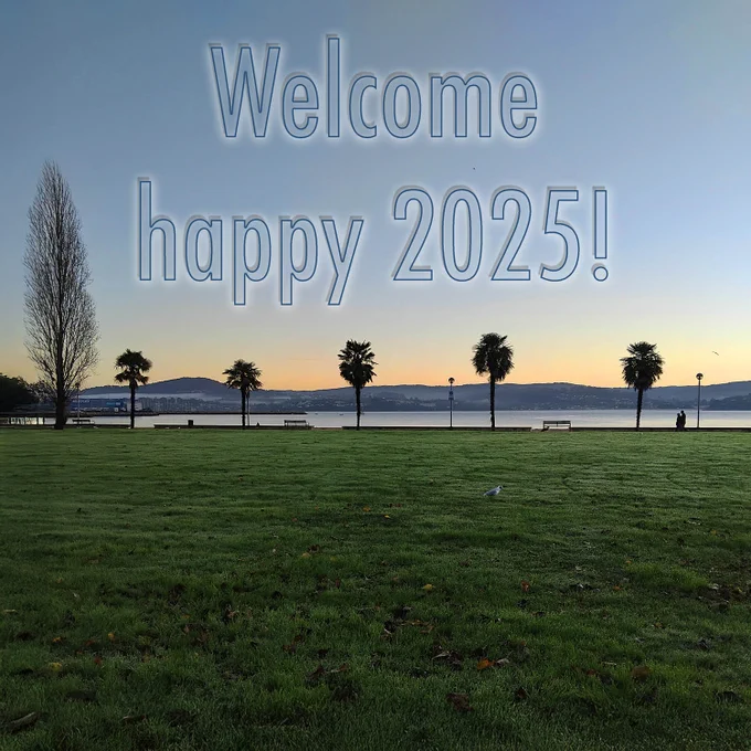 Sunrise. Grass in the foreground, a row of palm trees, with a large leafless tree on the left. In the foreground the sea, and on the horizon there are mountains. In the blue sky, where sunlight is just beginning to come out, we can read in transparent letters "Welcome happy 2025!"