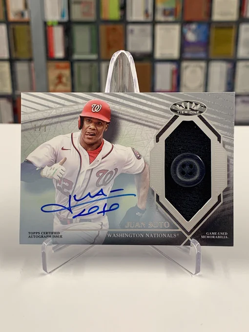 2022 Topps Certified Tier One Uniform Button Relic Card
Juan Soto, Washington Nationals (1/1)