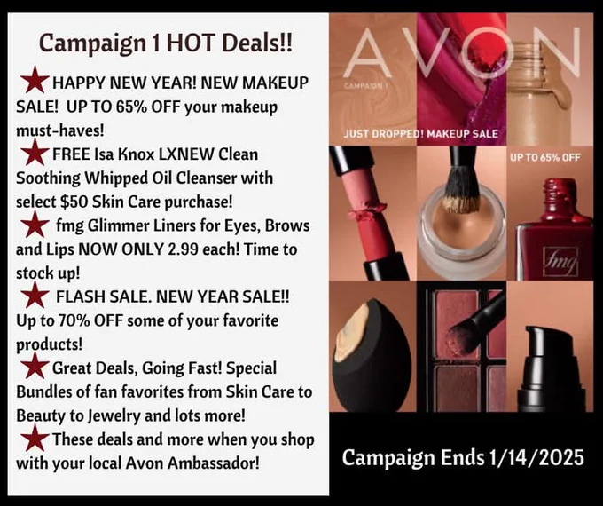 🎉 Avon's Campaign 1 is here! 🎉

Check out Avon's Campaign 1 Hot 🔥 Deal Highlights of Special Offers 

👩‍💻📱 Online Store
https://www.avon.com/repstore/skingshafer?rep=skingshafer 

📖📱 Digital Brochure 
https://www.avon.com/brochure?rep=skingshafer 

*Tax   S&H not incl 

⏰️🗓 Campaign 1 ends Tuesday; January 14th at 11:59pm ET/8:59pm PT 

#ItsSybCalling Avon Independent Ambassador

#avoninsider @AvonInsider  #Campaign1 #avonnorthamerica #SpecialOffers #hotdeals