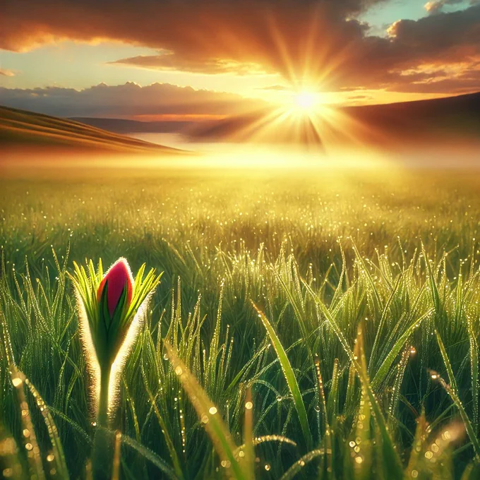 A golden sunrise illuminates a peaceful field, where a single flower begins to bloom, symbolizing hope, renewal, and the promise of new opportunities.