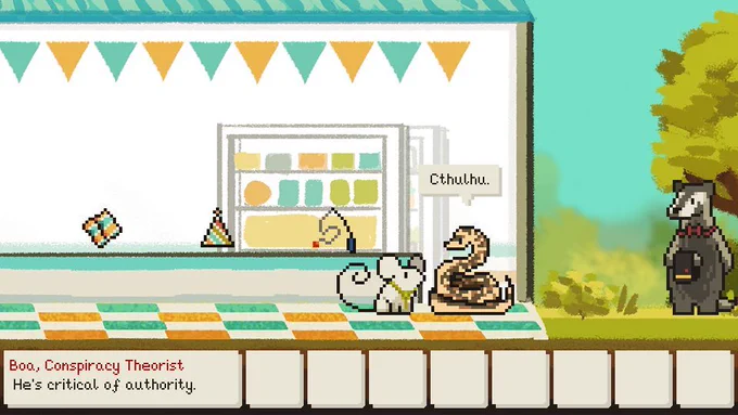 Screenshot from the game Animal Crackers showing Mousey (mouse with green tie) interacting with Boa (boa constrictor). Boa is saying "Cthulhu." Flavor text in the corner says "Boa, Conspiracy Theorist. He's critical of authority."