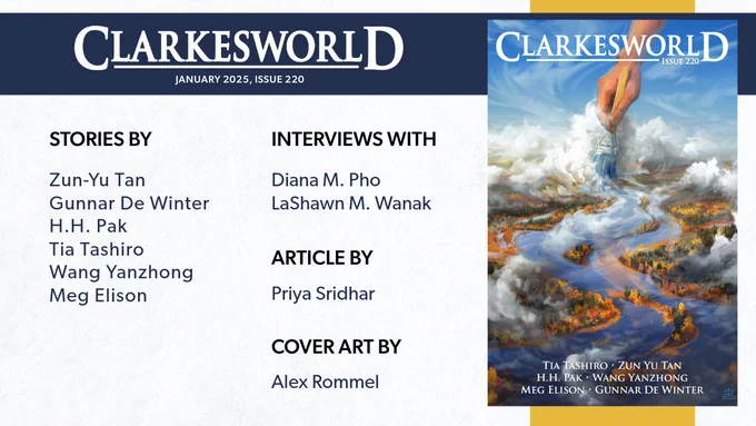 Cover art by Alex Rommel is titled "Landscape Painter." A river winds through a cloudy fall landscape. A hand holding a paintbrush pushes the river and clouds further into the background.

STORIES BY
Zun-Yu Tan
Gunnar De Winter
H.H. Pak
Tia Tashiro
Wang Yanzhong
Meg Elison

INTERVIEWS WITH
Diana M. Pho
LaShawn M. Wanak

ARTICLE BY
Priya Sridhar

COVER ART BY 
Alex Rommel