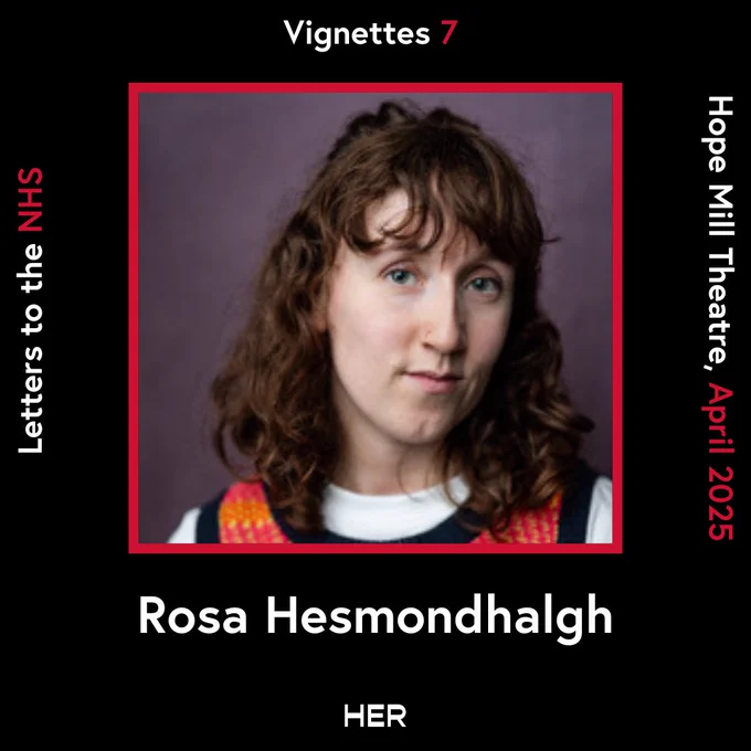 Image of Rosa, with brown hair and a patterned top. she is smiling into camera. Her photo is in a red frame with her name beneath it and the words "letters to the NHS" to the left of the graphic