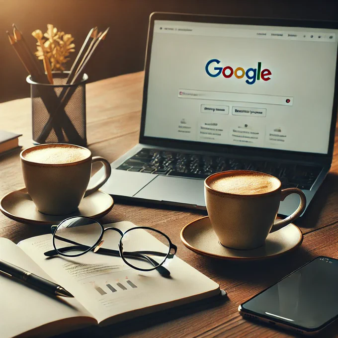Coffee cups and a laptop with an open article about Google algorithm updates.