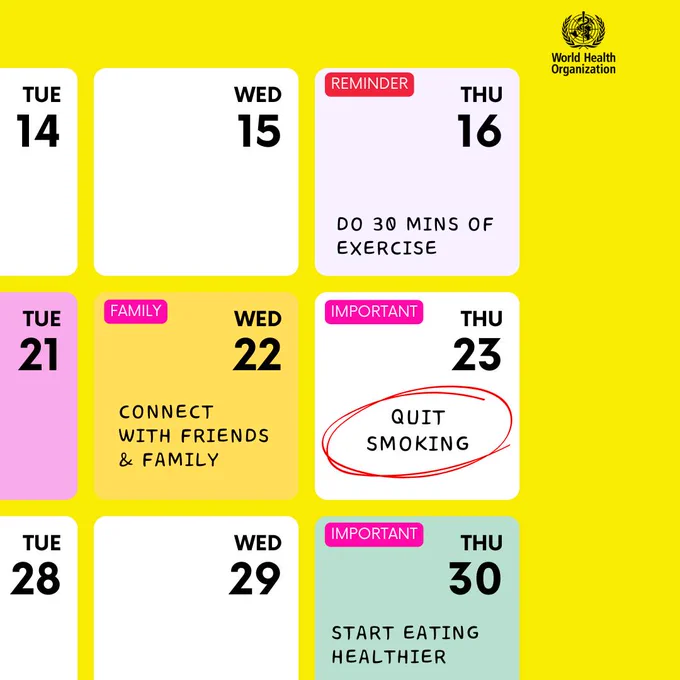 A calendar with days and dates. Some days each contain the text do thirty minutes of exercise. Connect with friends and family. Start eating healthier. The text quit smoking is encircled in red