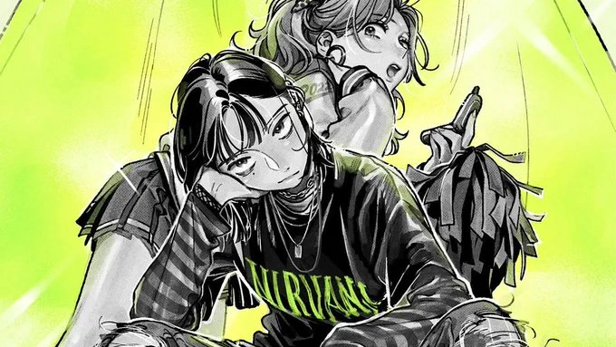 illustration de She Wasn't a Guy avec Aya en tenue de cheerleader américaine qui s'appuie sur le dos de Mitsuki avec un t-shirt de Nirvana. Toutes les autres images qui vont suivre correspondent aux tomes 1 des mangas mentionnés dans le tweet associé.