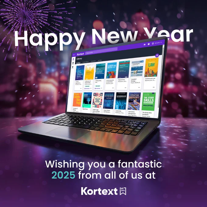 Image with a laptop displaying the Kortext platform with fireworks in the background and the text, 'Happy New Year. Wishing you a fantastic 2025 from all of us at Kortext'. 