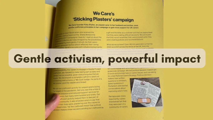 Gentle Activism powerful impact text over the page in The Craftivist Collective Handbook case study of We Care.