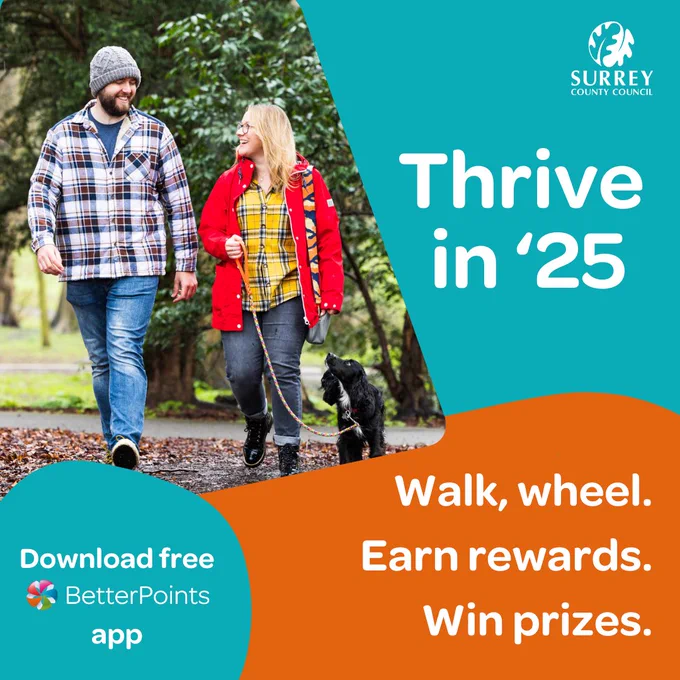 A man and a woman walking a dog, smiling. Text reads: Thrive in '25. Walk, wheel. Earn rewards. Win prizes. Download free BetterPoints app. 