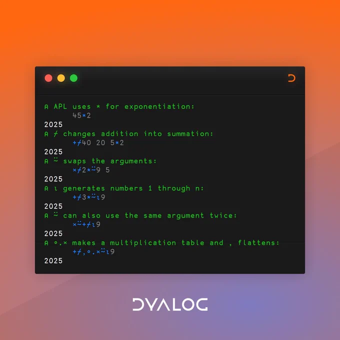       45*2         ⍝ APL uses * for exponentiation
2025
       ⌿40 20 5*2  ⍝ ⌿ changes addition into summation
2025
      ×⌿2*⍨9 5     ⍝ ⍨ swaps the arguments
2025
       ⌿3*⍨⍳9      ⍝ ⍳ generates numbers 1 through n
2025
      ×⍨ ⌿⍳9       ⍝ ⍨ can also use the same argument twice
2025
       ⌿,∘.×⍨⍳9    ⍝ ∘.× makes a multiplication table and , flattens
2025