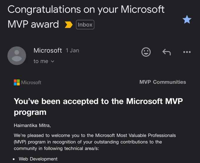 Screenshot of Microsoft MVP email