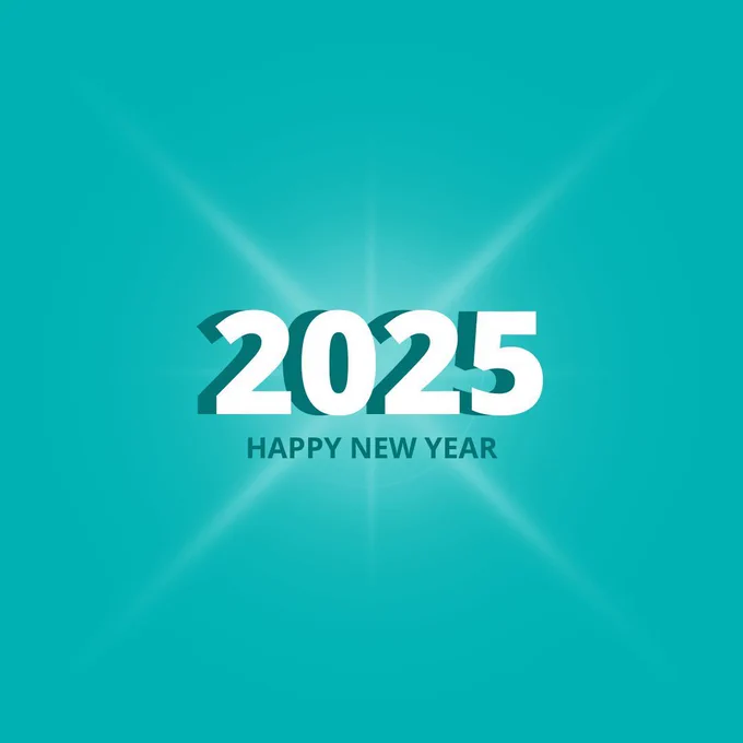 2025 Happy New Year on a teal background