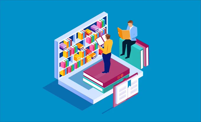 Vector image of two people at a bookshelf reading, while on top of large books.