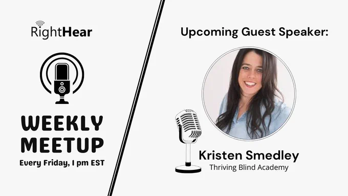 On the left, a graphic highlights "Weekly Meetup," while the right side features Kristen, a women with long brown hair, wearing a blue collard shirt. 