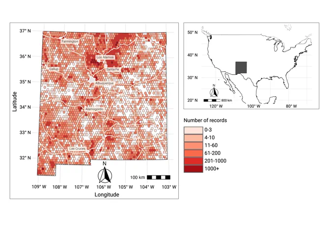 Map of the state of New Mexico (left) within the context of North America (right). Color indicates how many plants have been collected across New Mexico in each of the gridded areas. Darker color means more collections. Overall, plant collections have not been made evenly across New Mexico. 