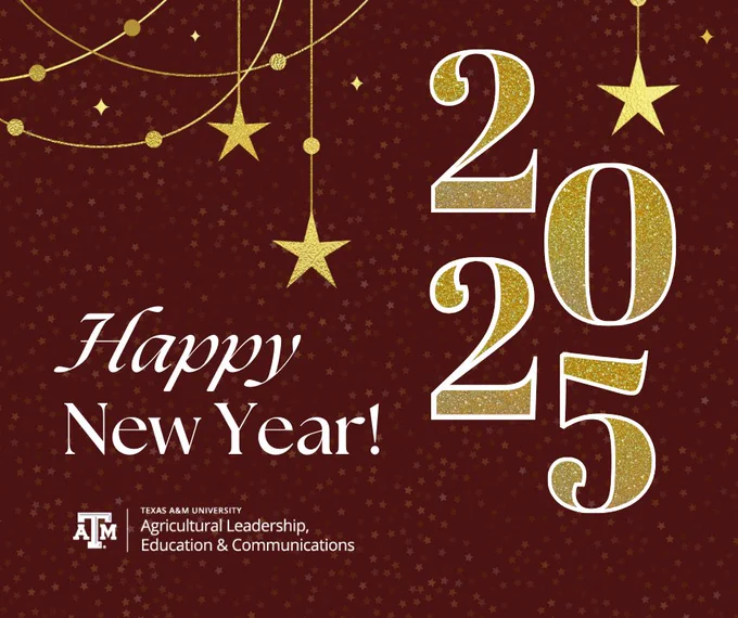 Happy New Year 2025 greeting with decorative stars and '2025' in large, glittery gold numbers on a deep red background, featuring the Texas A&M University logo at the bottom.