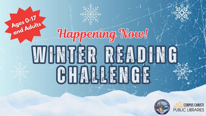 Image of text on snowy background. Text reads: Happening now! Winter reading challenge for ages 0 to 17 and adults.