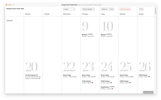 January view of designevents.guide. With conference like Bounce, Snow Camp, Pixel Perfect, Design Leadership Summit and Design Leaders Conference.
