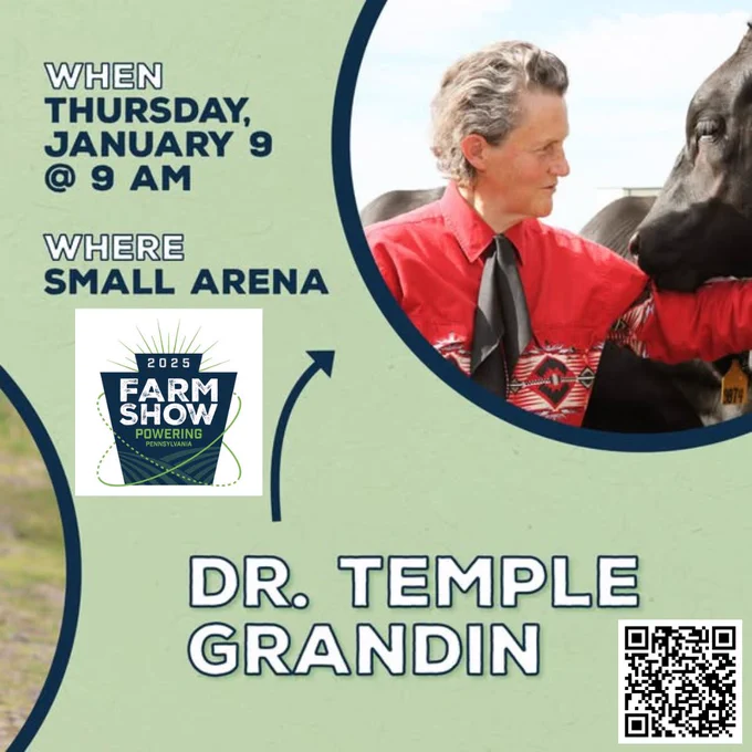 Close-up of Temple Grandin looking closely at a farm animal that is mostly not visible. Where. Small Arena. Pennsylvania Farm Show logo
