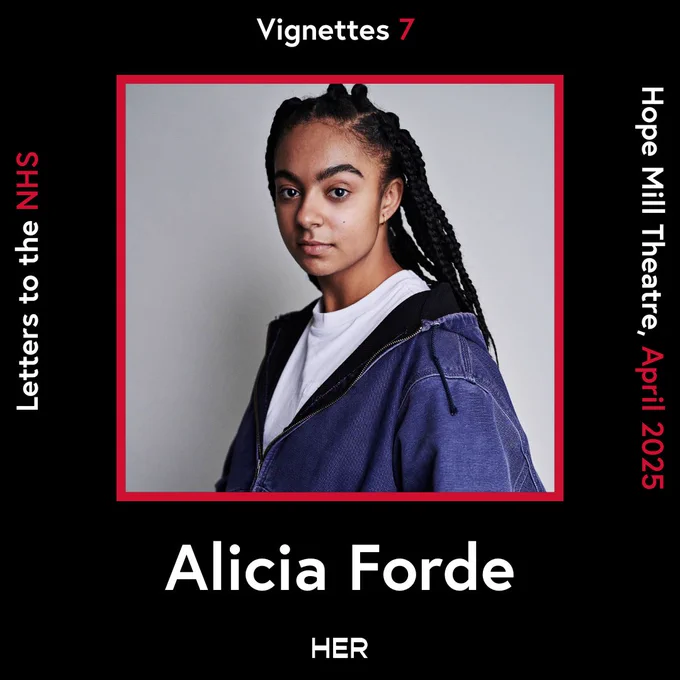 Photo of Alicia Forde inside a red frame with a black background. Her name is clearly printed underneath the photo with HER productions logo beneath