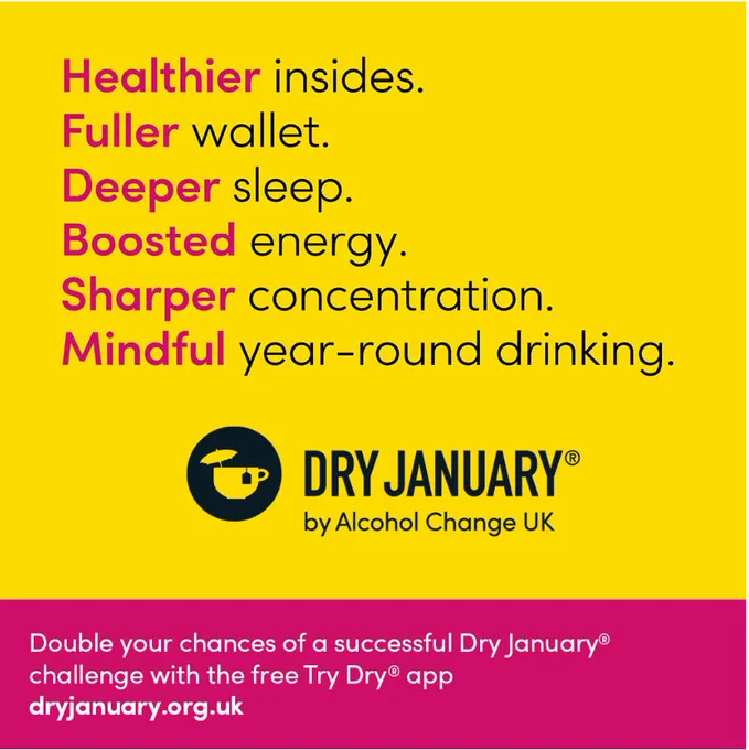 A yellow and pink background with text explaining the benefits of Dry January.