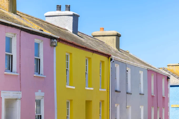 A row of colourful houses.