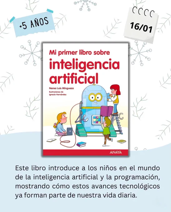 Portada del libro “Mi primer libro sobre inteligencia artificial” donde aparece ilustrado un robot gigante y tres niños configurándolo