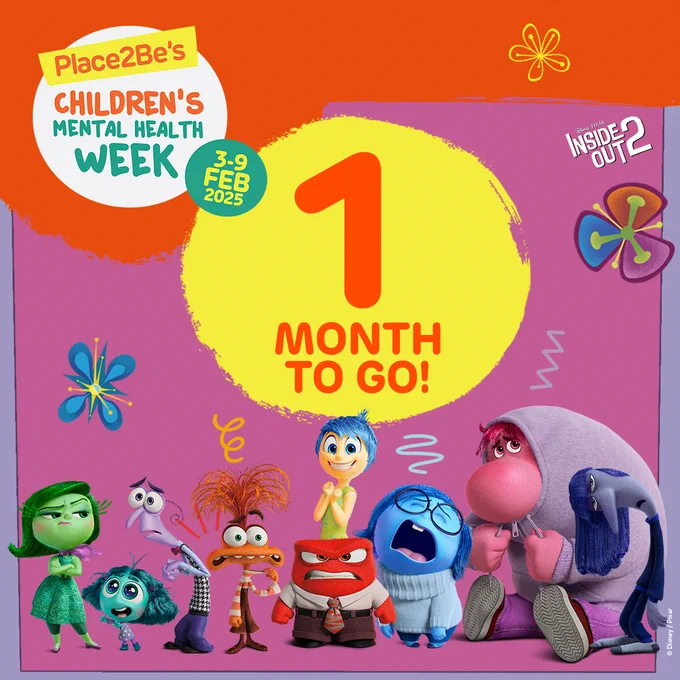 Promotional image for Children’s Mental Health Week featuring characters from Pixar's Inside Out, including Joy, Sadness, Anger, Fear, and Disgust, with a large '1 Month to Go!' countdown in the center.