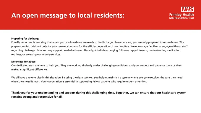 Text on a document stating "An open message to local residents" from Frimley Health NHS Foundation Trust, discussing the importance of preparation in ensuring smooth hospital operations and encouraging community cooperation.