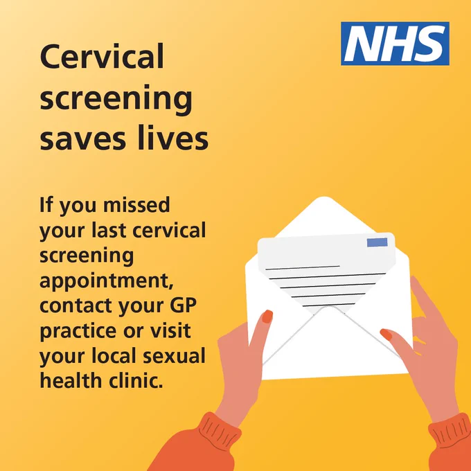An illustration of a person holding an open letter. Text reads 'Cervical screening saves lives. If you missed your last cervical screening appointment, contact your GP practice or visit your local sexual health clinic.'