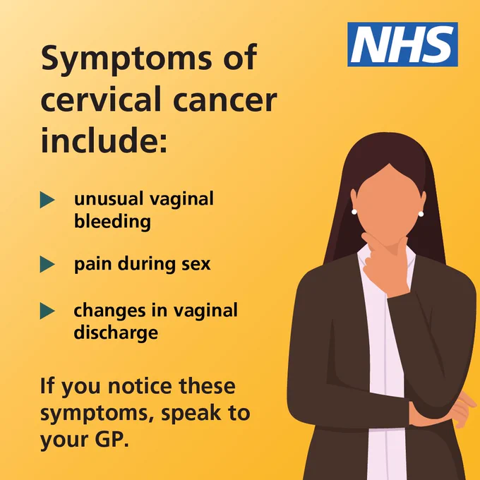 An illustration of a woman with long straight hair. Text reads 'Symptoms of cervical cancer include: unusual vaginal bleeding. Pain during sex. Changes in vaginal discharge. If you notice these symptoms, speak to your GP.'