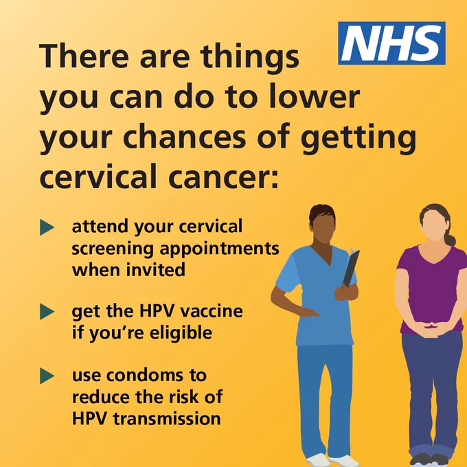 An illustration of a woman standing next to a healthcare professional. Text reads 'There are things you can do to lower your chances of getting cervical cancer: attend your cervical screening appointments when invited. Get the HPV vaccine if you're eligible. Use condoms to reduce the risk of HPV transmission.'