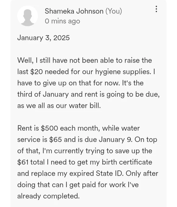 January 3, 2025

Well, I still have not been able to raise the last $20 needed for our hygiene supplies. I have to give up on that for now. It's the third of January and rent is going to be due, as we all as our water bill.

Rent is $500 each month, while water service is $65 and is due January 9. On top of that, I'm currently trying to save up the $61 total I need to get my birth certificate and replace my expired State ID. Only after doing that can I get paid for work I've already completed.
