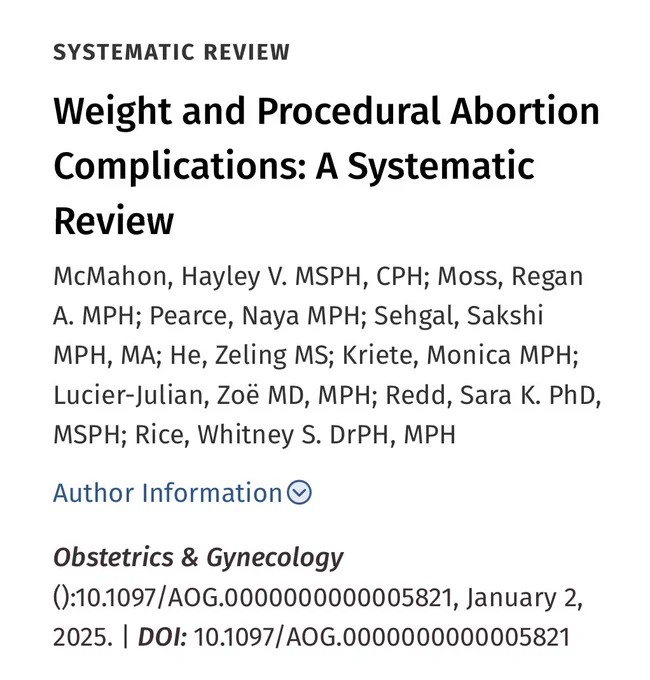 Cover image for an article in Obstetrics & Gynecology called “Weight and Procedural Abortion Complications: A Systematic Review.”