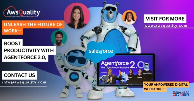 Unleash the Future of Work with Agentforce 2.0! 🤖

Boost productivity and streamline workflows with AI-powered digital labor by Salesforce! 🌐

💼 Key Features:
✨ Smart AI Reasoning & Data Insights 🧠
✨ Pre-Built Skills for Faster Deployment 📚
✨ Slack & MuleSoft Integration 💬🔗
✨ Natural Language Agent Creation (Jan 2025) 🗣️

💡Ready to transform your business? Let AwsQuality, a trusted Salesforce Consulting Partner, help you get started!

📧 Contact us today: info@awsquality.com
🌍 Visit: www.awsquality.com

🚀 Your AI-powered workforce is here—let’s build the future of work together!

Link in Bio- https://www.awsquality.com/unlock-the-power-of-digital-labor-with-agentforce-2-0/

#Salesforce #AI #Agentforce #Automation #AIWorkforce #ProductivityBoost #MuleSoft #SalesforceConsulting #FutureOfWork #Productivity #BusinessGrowth #AIIntegration #CloudSolutions #TechInnovation #Agentforce2.0 #SalesforceAdmin #AwsQuality