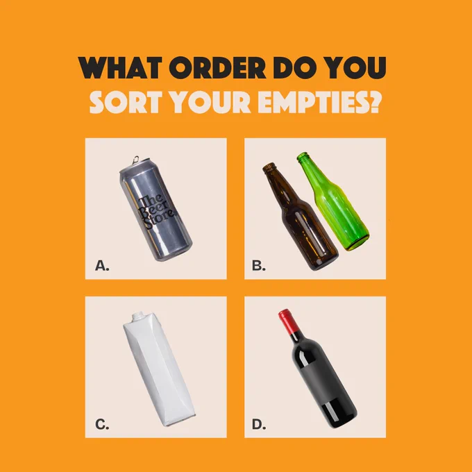 An image with a grid of four. The copy reads: What order do you sort your empties? A. Can. B. Beer bottles. C. Tetra pak. D. Wine bottle. 