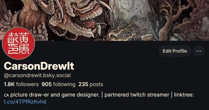 A screenshot of my profile on another platform. You can follow me there for more recent updates! I add alt text to everything I post as well! You can find the link on my twitter profile as well.