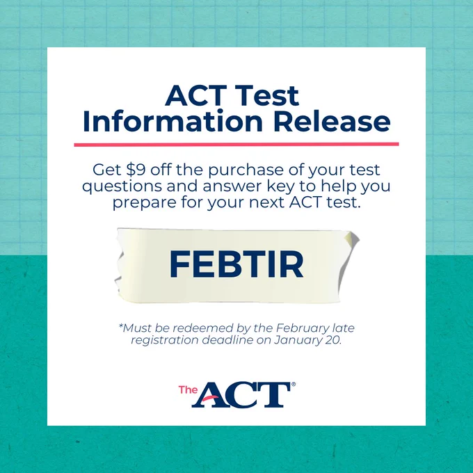 ACT Test Information Release | Get $9 off the purchase of your test questions and answer key to help you prepare for you next ACT test. Promo code: FEBTIR