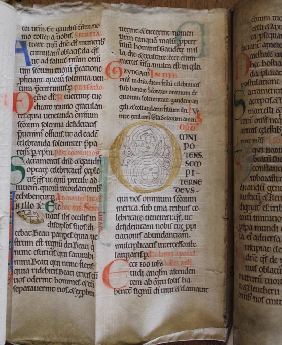 The page is divided into two columns of large text in black ink. Every paragraph has a large coloured letter. On the left column these are blue A, then red, D  then green S then s mixed red and blue I. On the right column is a red G, then gold O, then red E. The Gold letter is an especially large O and is infilled with decorative foliage that is not painted- suggesting possibly unfinished work?  The overall look of the page work and is very colourful. 