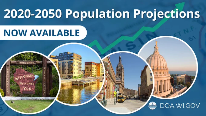 Graphic with various pictures of Wisconsin landmarks and caption that reads, "2020-2050 population projections now available."