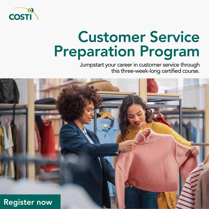  On a white background, the text reads, "Customer Service Preparation Program. Jumpstart your career in customer service through this three-week-long certified course. Register Now."